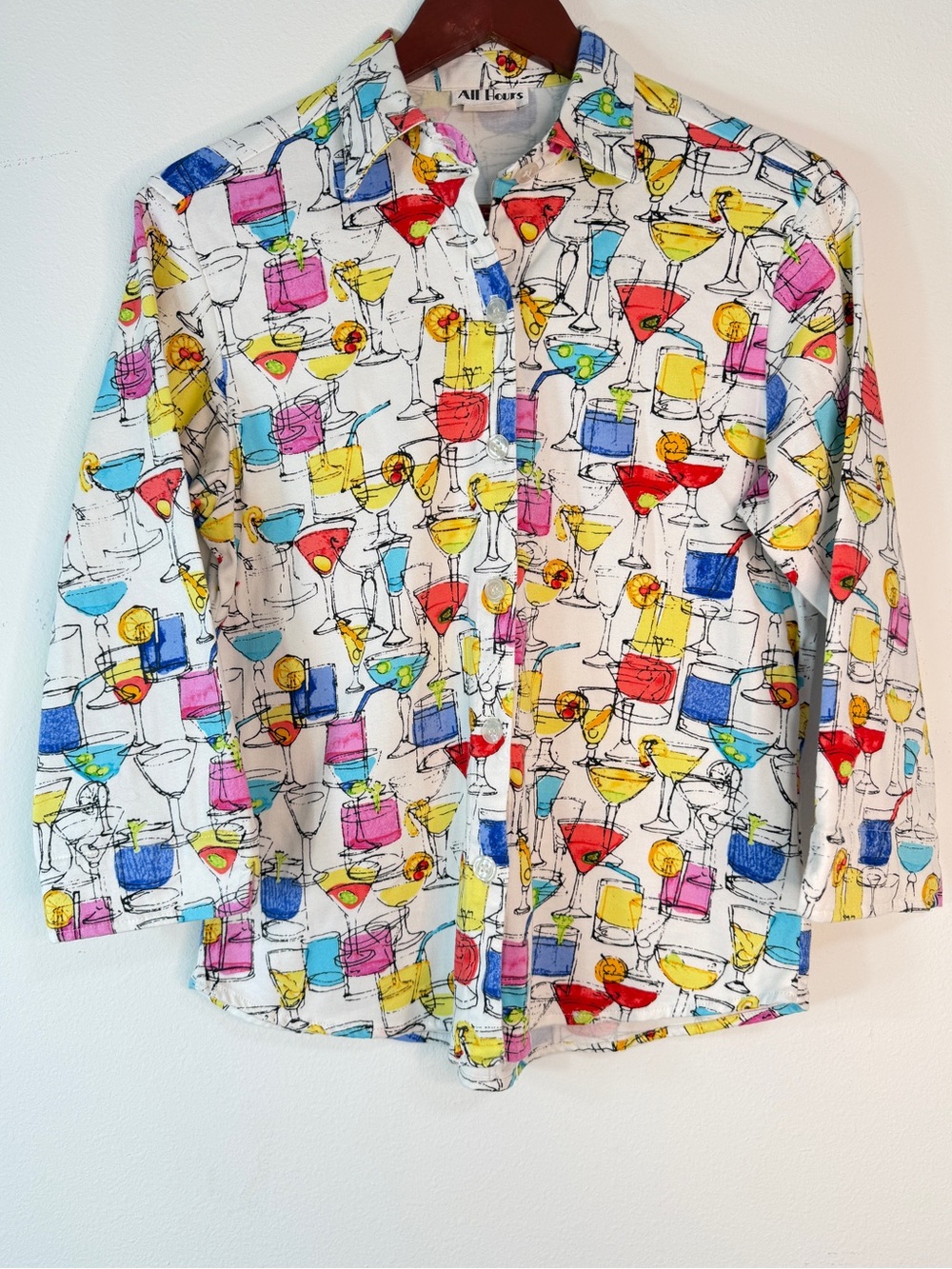Vintage All Hours Cocktail‎ Print Shirt Jacket M Novelty Martini Drink Blouse